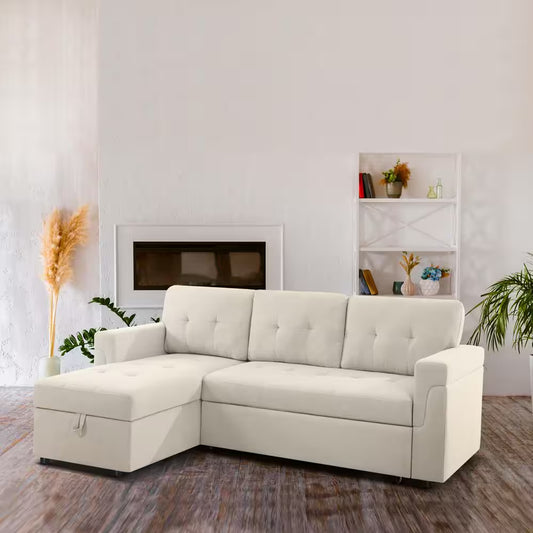 84.64 In. W Stylish Reversible Velvet Sleeper Sectional Sofa Storage Chaise Pull-Out Convertible Sofa in Cream