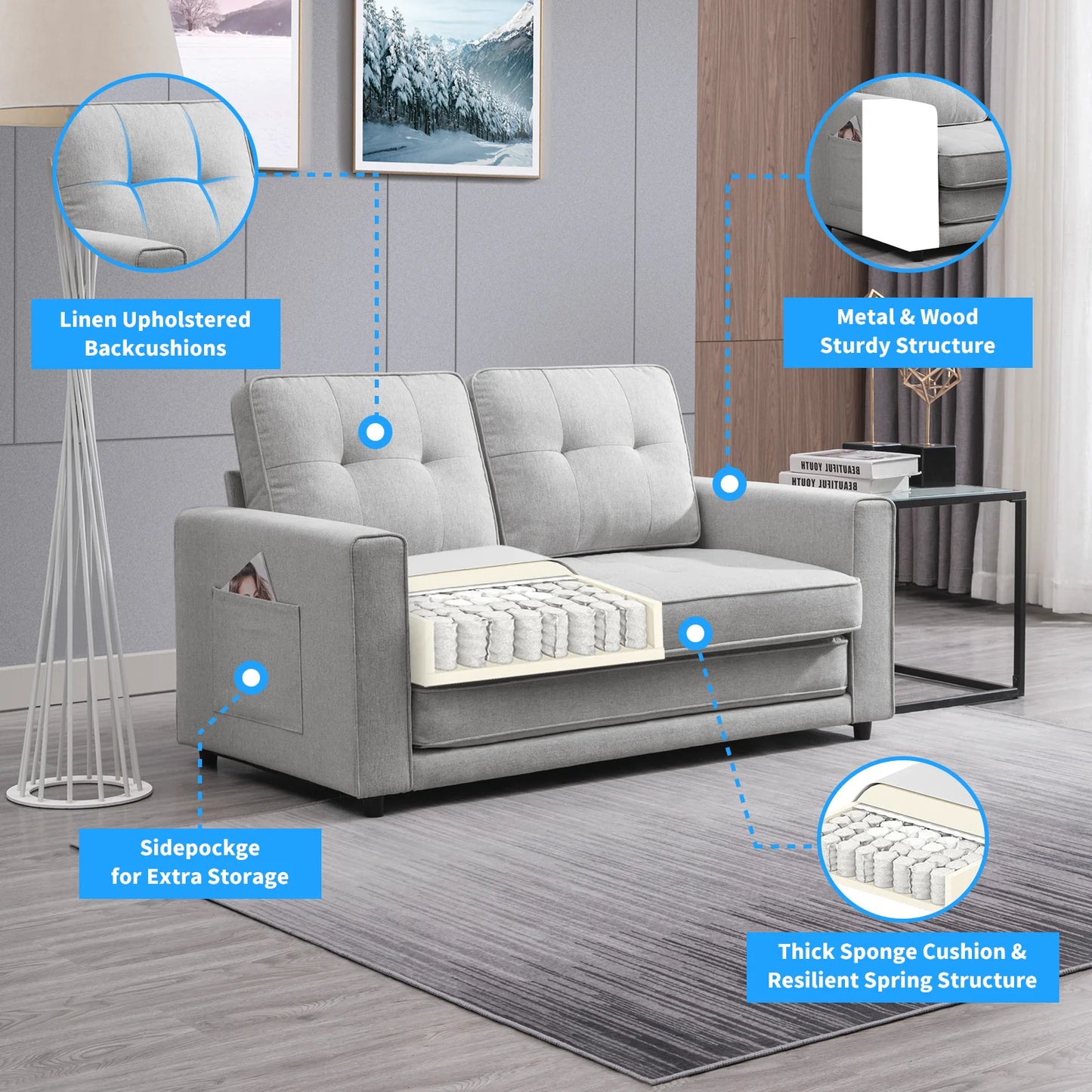 Loveseat Sleeper Sofa, 55.5"*84.5" Convertible Futon Sofa Bed with Pull Out Couch, Folding Couch Bed,Linen, Light Grey