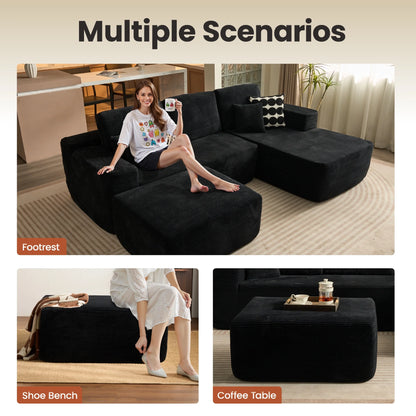 106" U-Shaped Sectional Sofa with Ottoman Modern Modular Cloud Couch with Deep Seating Upholstered Sofa for Living Room Bedroom, No Assembly Required, Black(Corduroy)