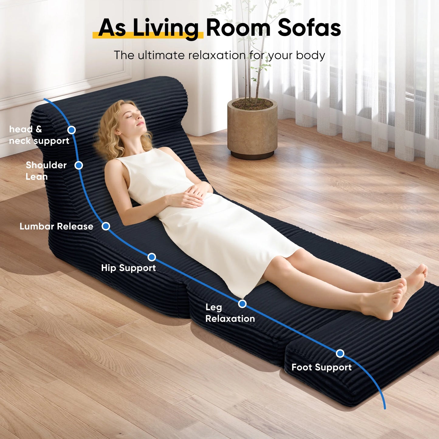 Folding Sofa Bed, 3 in 1 Convertible Sofa with Back Support, Portable Folding Chair Bed, Living Room Bedroom Comfortable Floor Sofa Lounge, Single Bed, Black