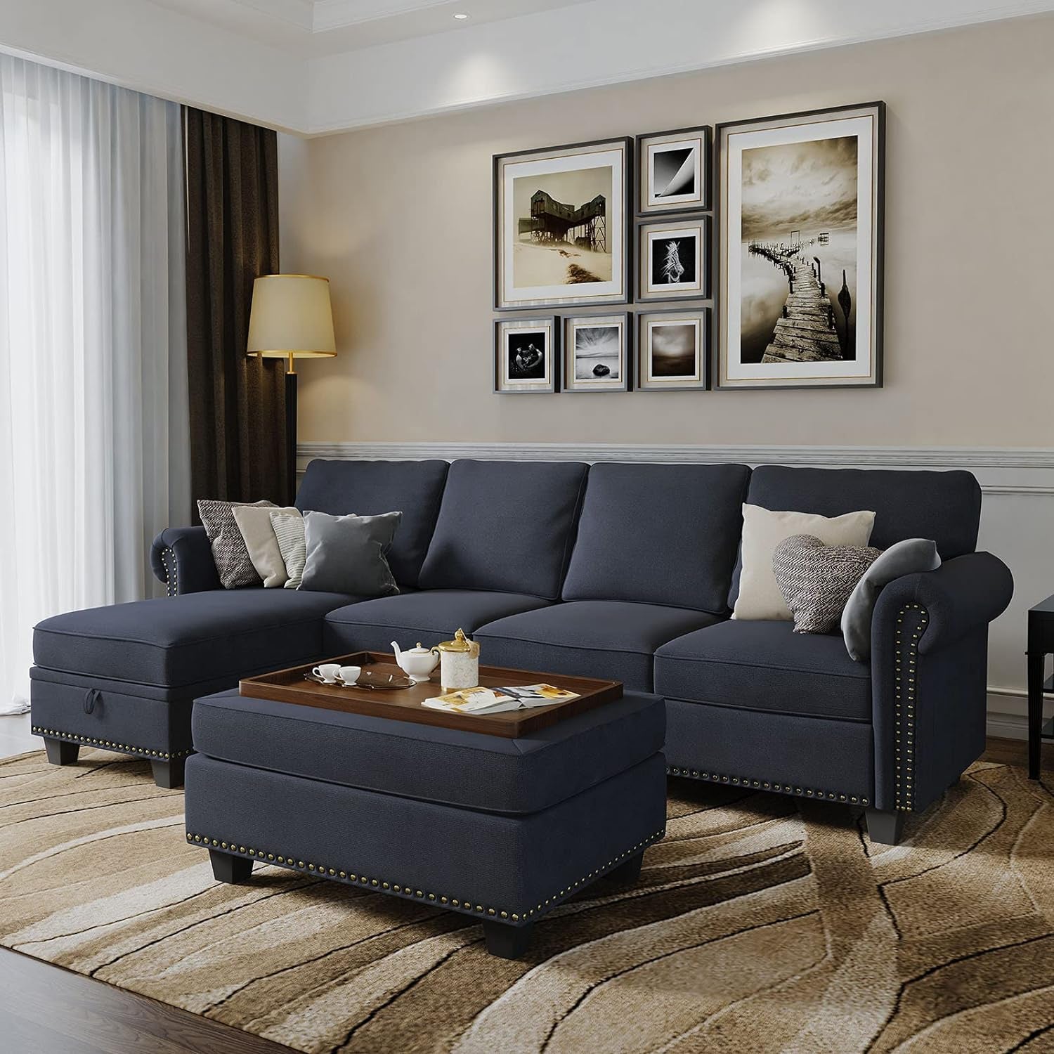 Convertible Sectional Sofa Couch, L Shaped Sofa with Storage Ottoman, Reversible Couch for Living Room, Denim Blue