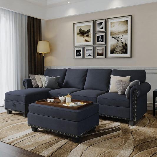 Convertible Sectional Sofa Couch, L Shaped Sofa with Storage Ottoman, Reversible Couch for Living Room, Denim Blue