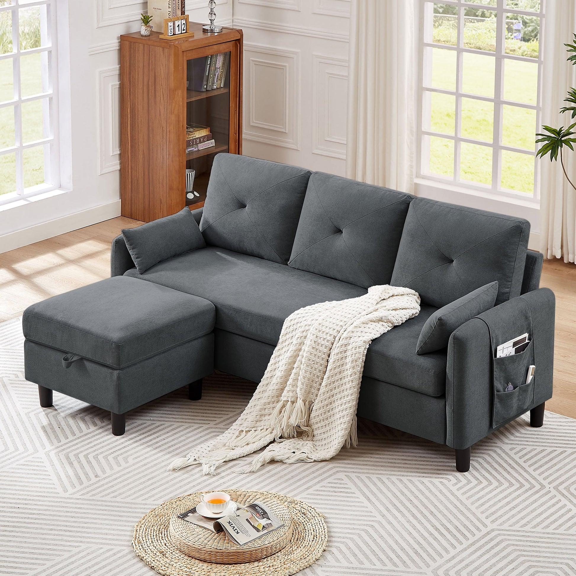 Convertible Sectional Sofa L Shaped Sofa Modern Fabric 3 Seat Couch with Reversible Storage Ottoman and Side Storage Pocket for Living Room Office Apartment Studio