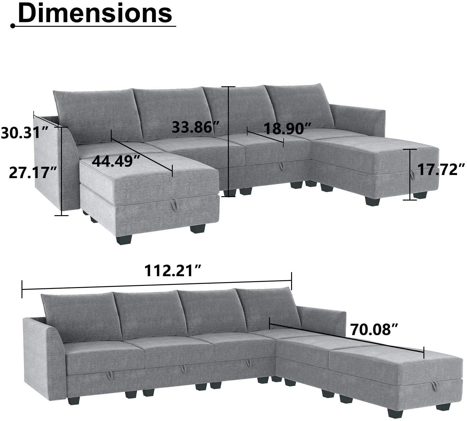 Large U-Shaped Modular Sectional Sofa with Storage Ottoman Convertible Living Room Furniture Set, Polyester Fabric, Solid Wood Frame, Gray