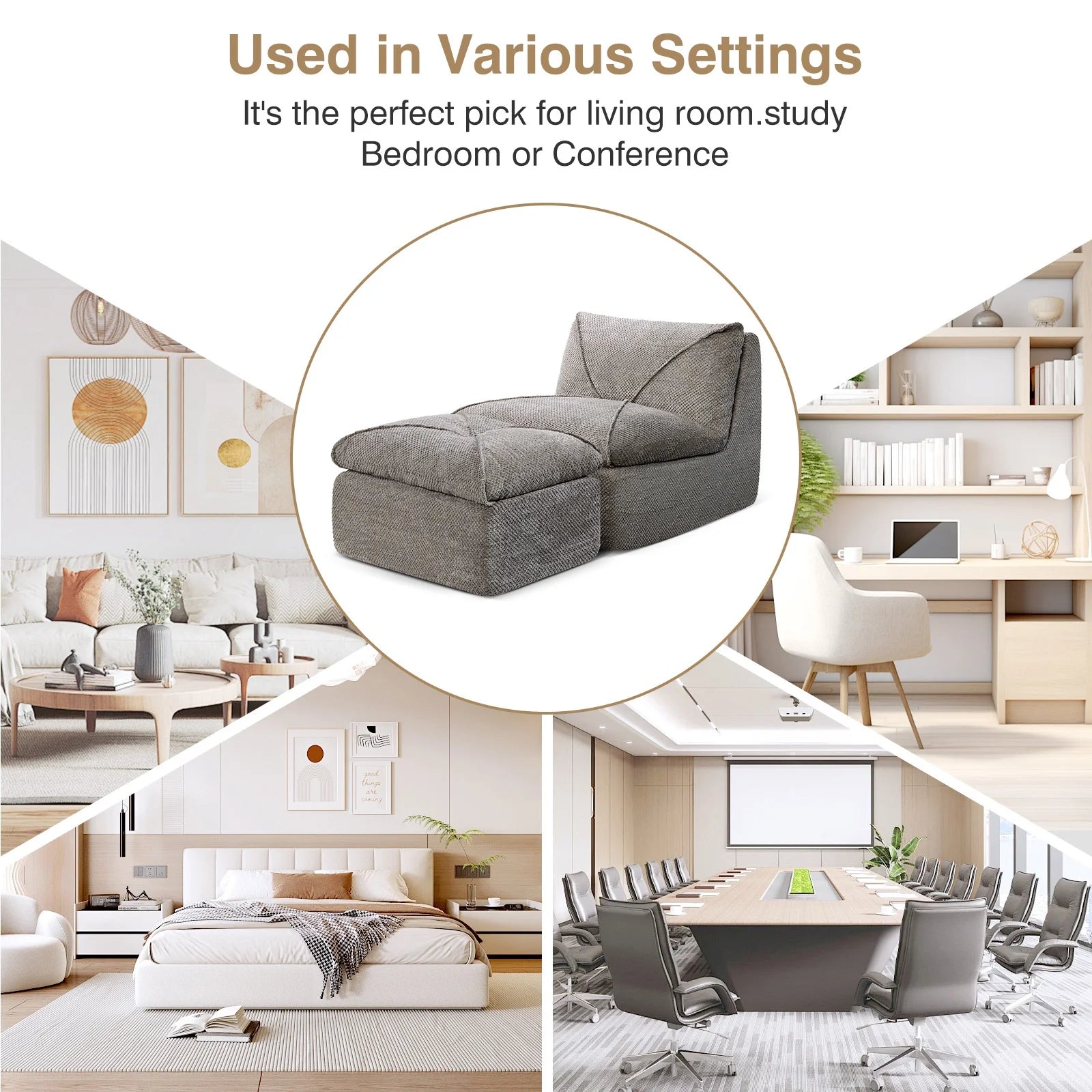 35.4"W Accent Chair, Upholstered Beanbag Sofa Chair, Modern Single Chair Accent Chair for Living Room Bedroom with Ottoman, Stone Gray