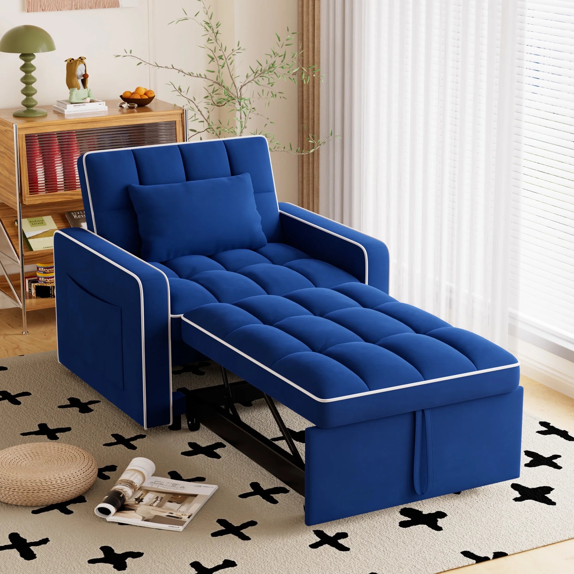 Sleeper Sofa Chair Bed, 3-In-1 Convertible Recliner Sofa Bed for Living Room Apartment, Blue