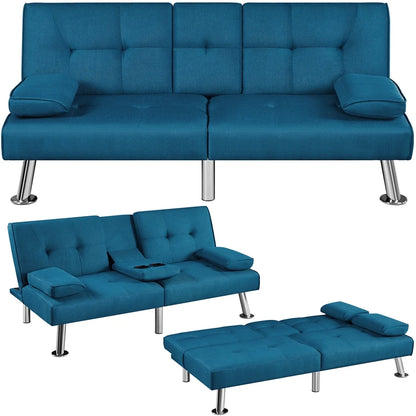 Fabric Upholstered Convertible Futon Sofa Bed with Cup Holders and Pillows for Livingroom, Aqua Blue