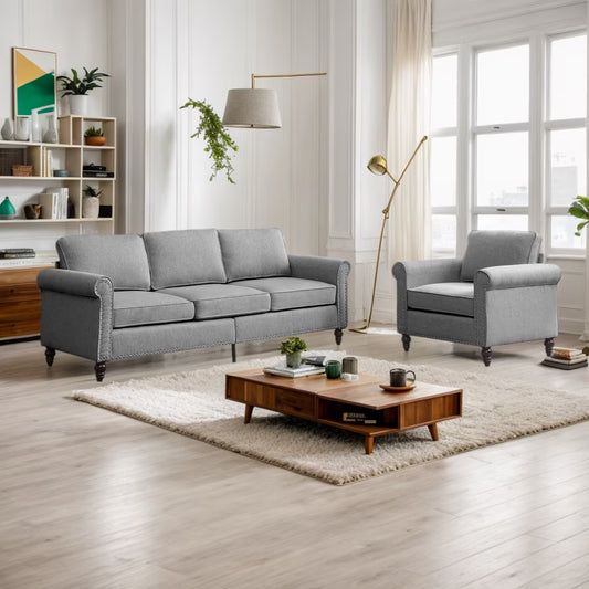 Living Room Furniture Sets with 5.9"Upholstered Cushion, 3-Seater Sectional Sofa Couch and Single Sofa Chair,Sofa Set for Living Room(Light Grey)