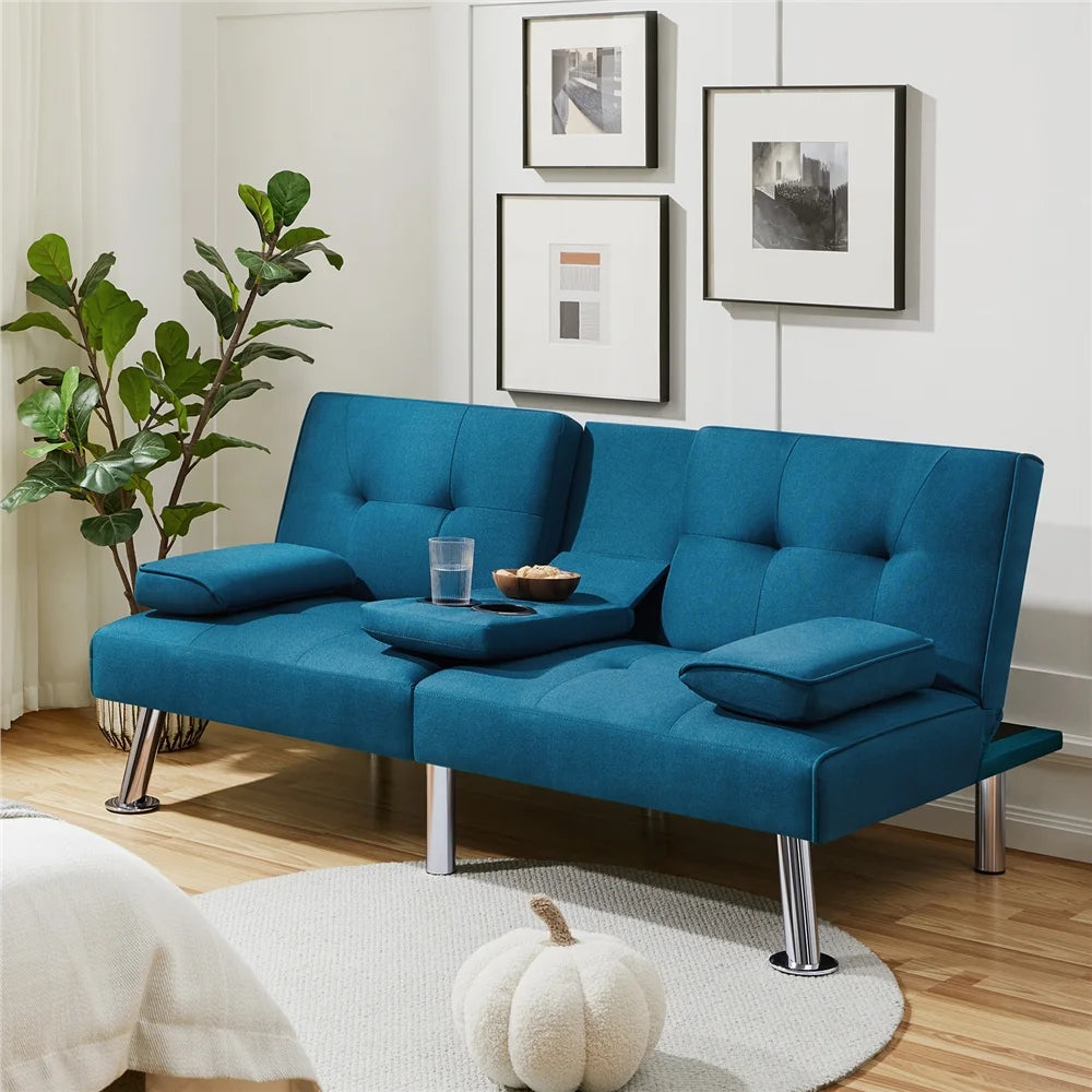 Fabric Upholstered Convertible Futon Sofa Bed with Cup Holders and Pillows for Livingroom, Aqua Blue
