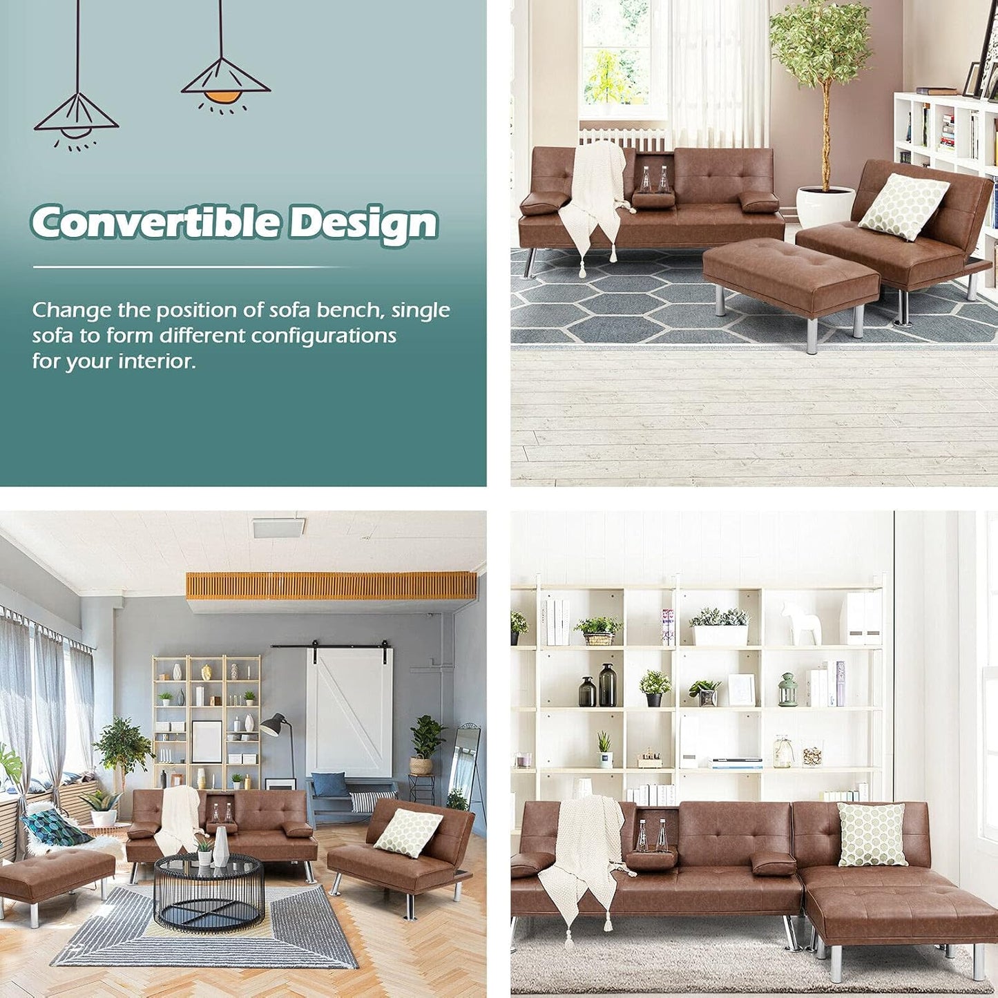 3 Pieces Convertible Sectional Sofa Set, 3 Seat Sofa and Couch with Cup Holders and Ottoman, Tufted PU Leather Chaise Modern Reversible Living Room Furniture for Apartment Office (Brown)