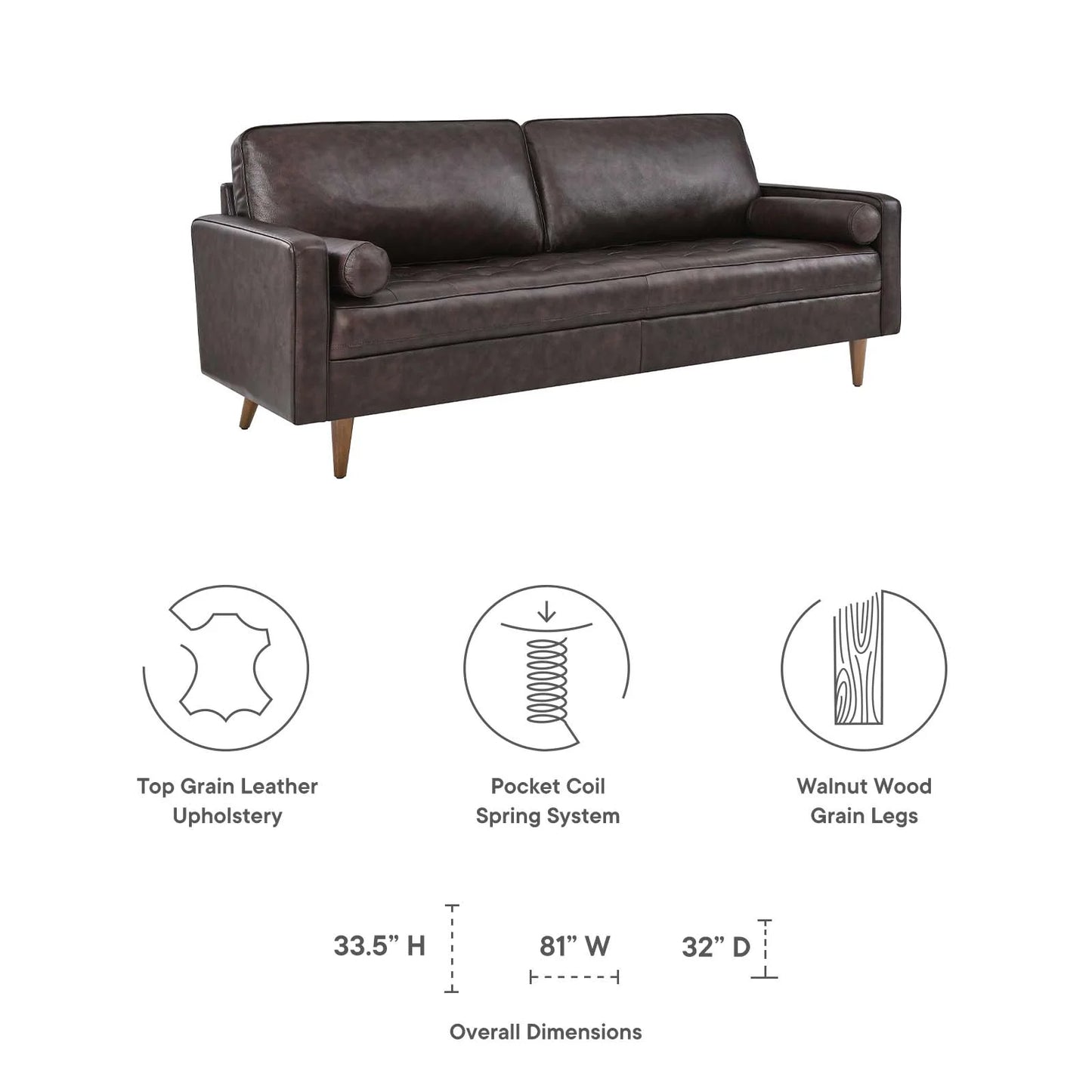 Valour 81" Leather Sofa in Brown