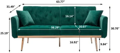 63" ccent Sof, Mid Century Modern Velvet Fbric Couch, Convertible Futon Sof Bed ，Recliner Couch ccent Sof Loveset Sof with Gold Metl Feet (Green)