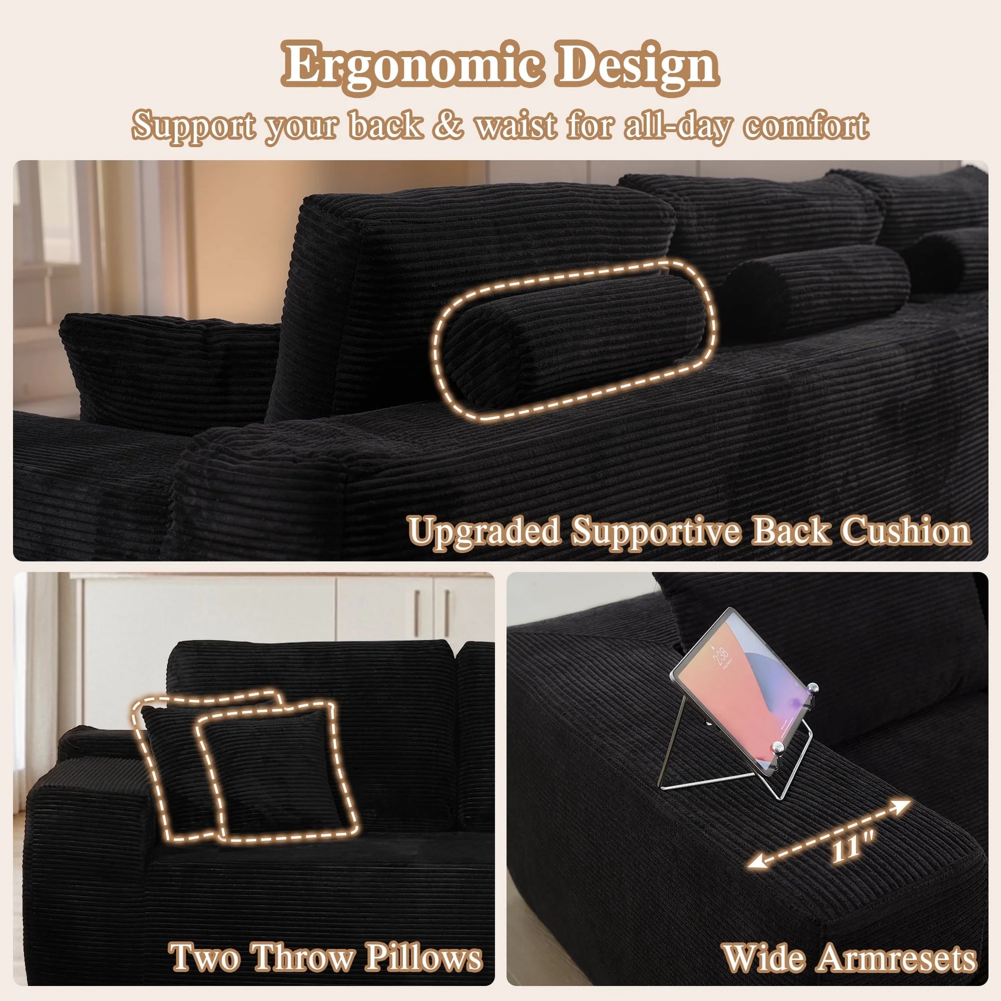 106" U-Shaped Sectional Sofa with Ottoman Modern Modular Cloud Couch with Deep Seating Upholstered Sofa for Living Room Bedroom, No Assembly Required, Black(Corduroy)