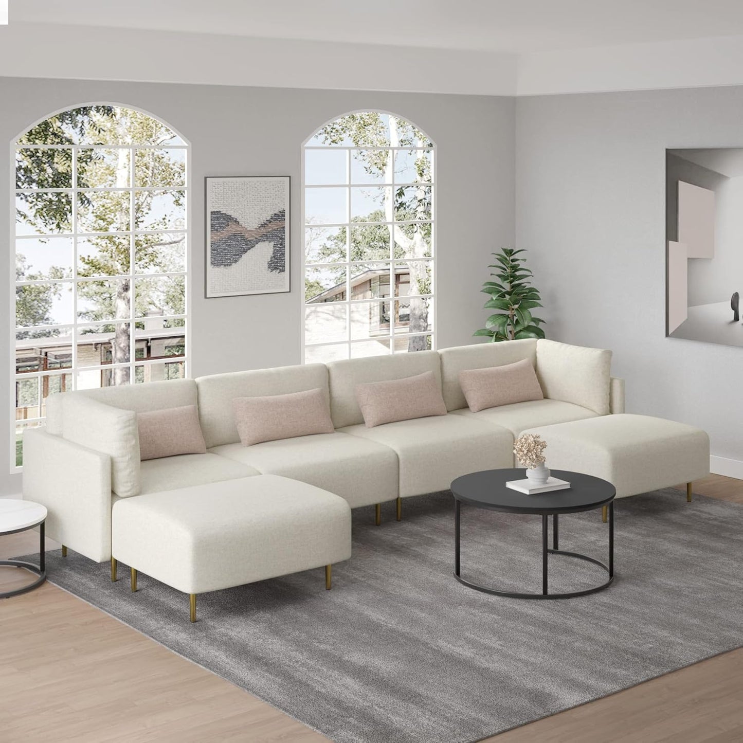 Sectional Sofa Couch, Modular U Shape Sofa Couch, Modern Minimalist Sofa Couch with 2 Ottoman 4 Throw Pillows for Living Room, Apartment, Beige