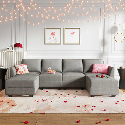 Large U-Shaped Modular Sectional Sofa with Storage Ottoman Convertible Living Room Furniture Set, Polyester Fabric, Solid Wood Frame, Gray