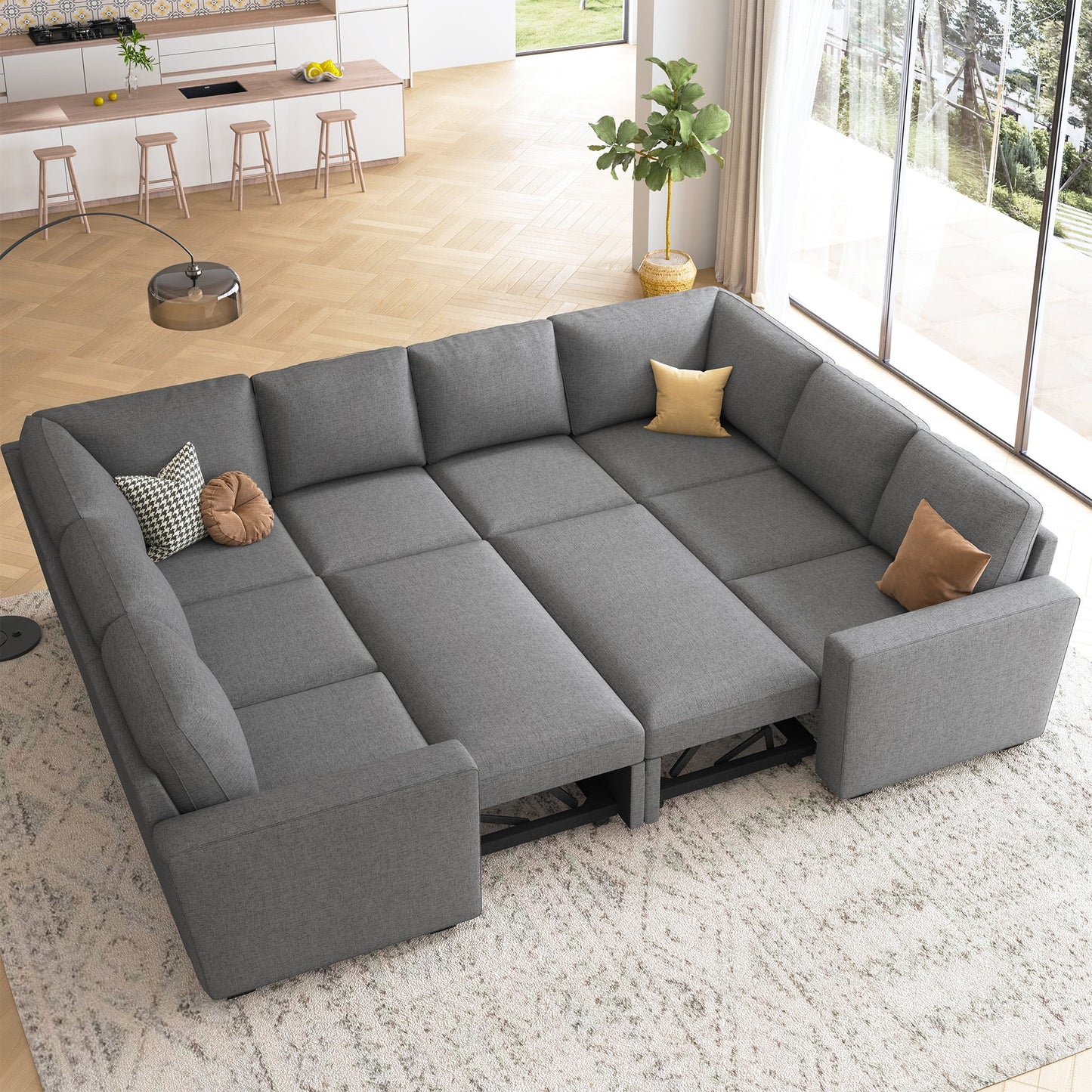 Velvet Pull-Out Modular Sectional Sleeper Sofa Bed with Storage for Living Room, Gray
