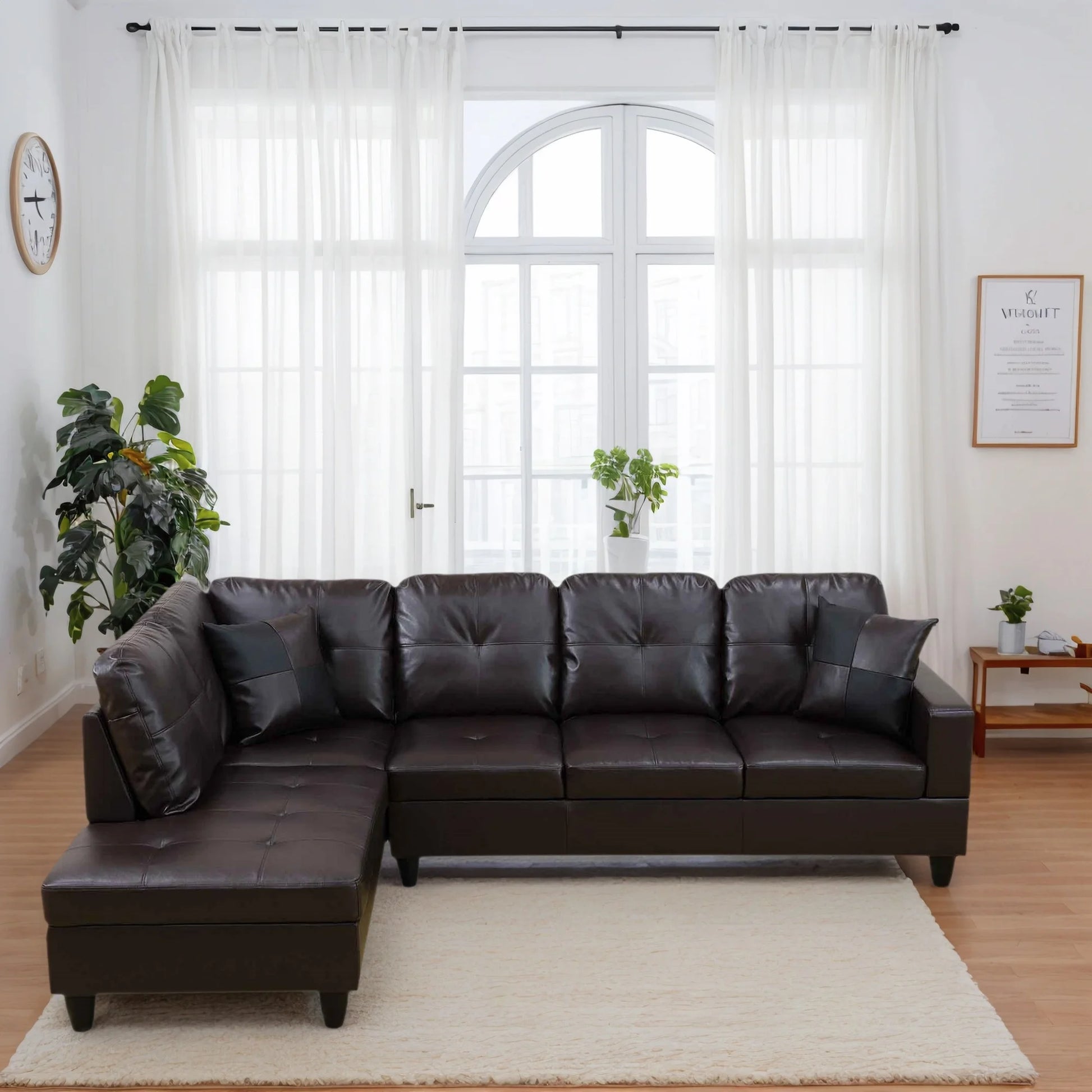 Modern Faux Leather Sectional Couch and Sofa Set, L Shaped Sectional Sofa with 17.5" Back Height, Living Room Furniture Sets, Brown(No Ottoman)