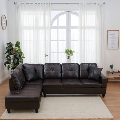 Modern Faux Leather Sectional Couch and Sofa Set, L Shaped Sectional Sofa with 17.5" Back Height, Living Room Furniture Sets, Brown(No Ottoman)