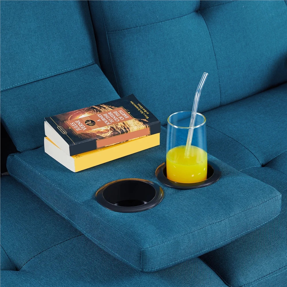 Fabric Upholstered Convertible Futon Sofa Bed with Cup Holders and Pillows for Livingroom, Aqua Blue
