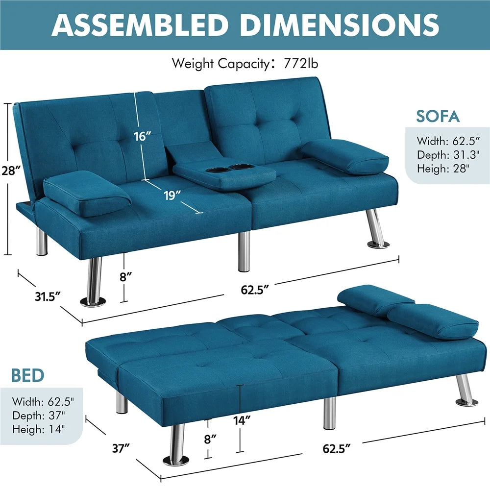Fabric Upholstered Convertible Futon Sofa Bed with Cup Holders and Pillows for Livingroom, Aqua Blue