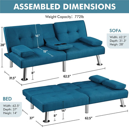 Fabric Upholstered Convertible Futon Sofa Bed with Cup Holders and Pillows for Livingroom, Aqua Blue