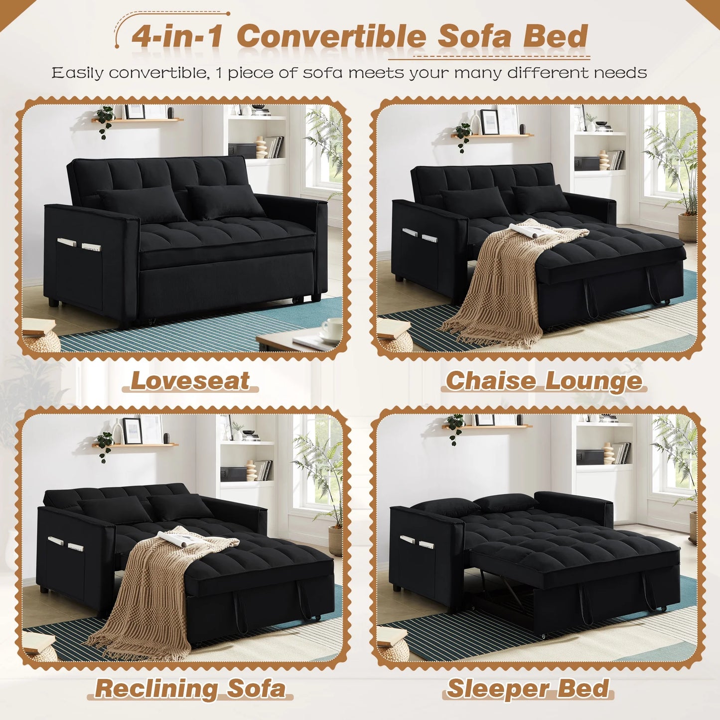 4-In-1 Convertible Futon Sofa Bed, Pull Out Couch Beds Loveseat Sleeper, Black Velvet