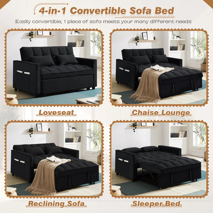4-In-1 Convertible Futon Sofa Bed, Pull Out Couch Beds Loveseat Sleeper, Black Velvet