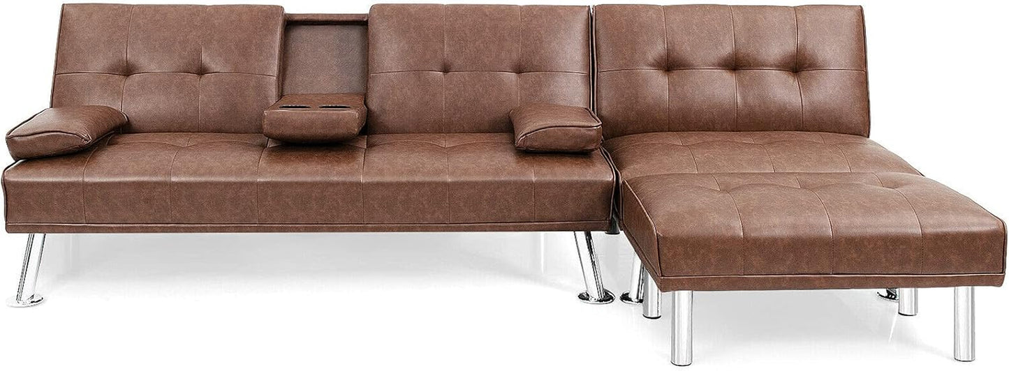 3 Pieces Convertible Sectional Sofa Set, 3 Seat Sofa and Couch with Cup Holders and Ottoman, Tufted PU Leather Chaise Modern Reversible Living Room Furniture for Apartment Office (Brown)