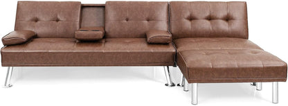 3 Pieces Convertible Sectional Sofa Set, 3 Seat Sofa and Couch with Cup Holders and Ottoman, Tufted PU Leather Chaise Modern Reversible Living Room Furniture for Apartment Office (Brown)