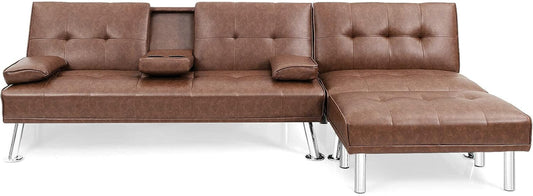3 Pieces Convertible Sectional Sofa Set, 3 Seat Sofa and Couch with Cup Holders and Ottoman, Tufted PU Leather Chaise Modern Reversible Living Room Furniture for Apartment Office (Brown)