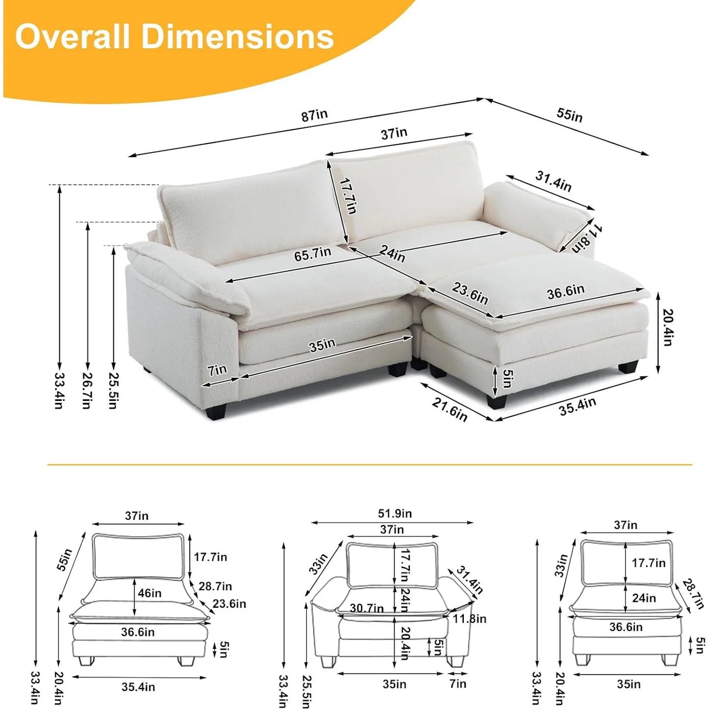 86" W Sectional Sofa Modern Convertible Couch with Double Cushions L Shaped Sofa with Reversible Chaise, Teddy Velvet Sofa Set with 2 Wider Seater Teddy White