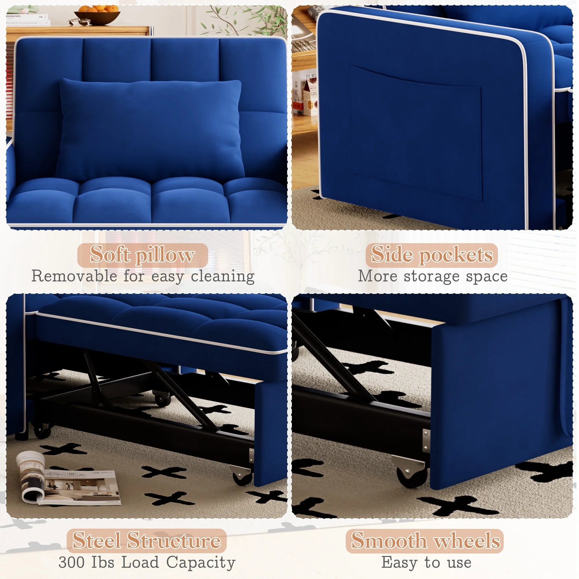 Sleeper Sofa Chair Bed, 3-In-1 Convertible Recliner Sofa Bed for Living Room Apartment, Blue