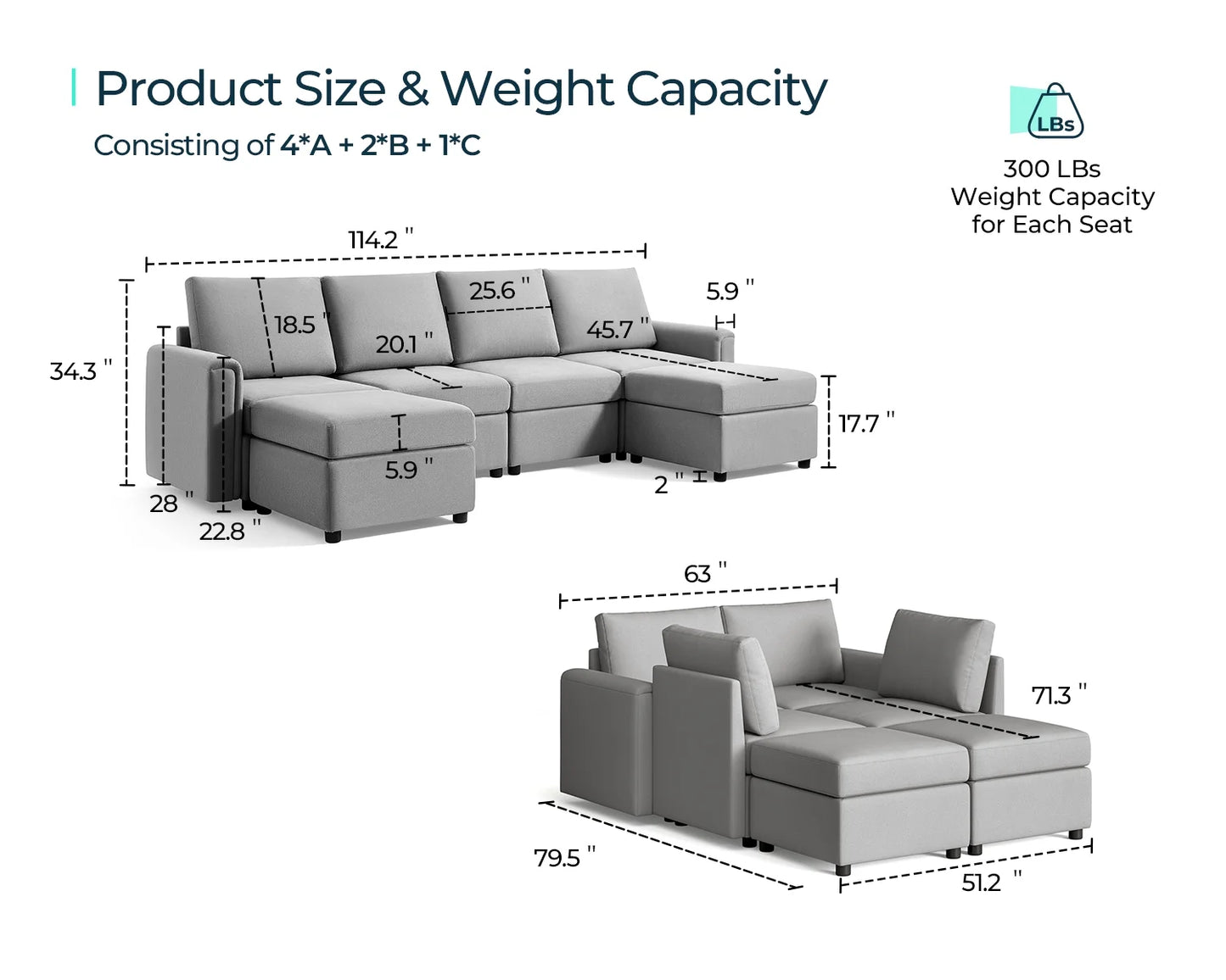 Modular Couches and Sofas Sectional with Storage, 6 Seat Sectional Sofa for Living Room, U Shaped Sectional Couch with Reversible Chaises, Light Gray