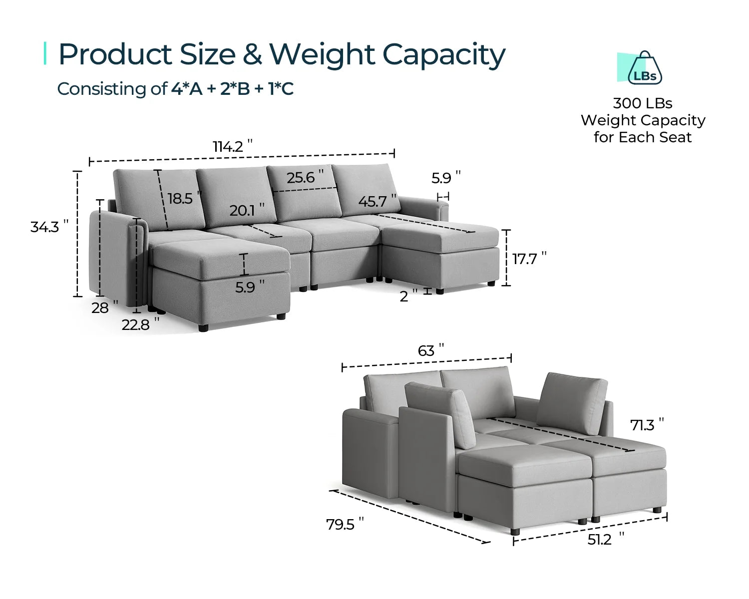 Modular Couches and Sofas Sectional with Storage, 6 Seat Sectional Sofa for Living Room, U Shaped Sectional Couch with Reversible Chaises, Light Gray