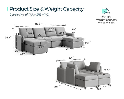 Modular Couches and Sofas Sectional with Storage, 6 Seat Sectional Sofa for Living Room, U Shaped Sectional Couch with Reversible Chaises, Light Gray
