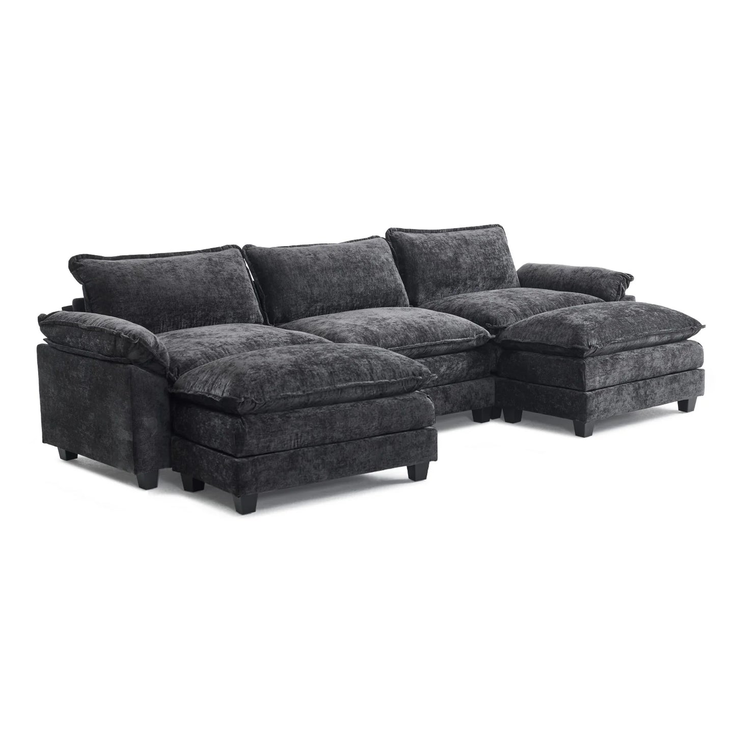 120" W Sectional Sofa U Shaped Couch with Double Chaise Chenille Sleeper Set with 3 Oversized Seats Black
