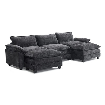 120" W Sectional Sofa U Shaped Couch with Double Chaise Chenille Sleeper Set with 3 Oversized Seats Black
