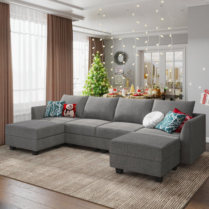 Large U-Shaped Modular Sectional Sofa with Storage Ottoman Convertible Living Room Furniture Set, Polyester Fabric, Solid Wood Frame, Gray