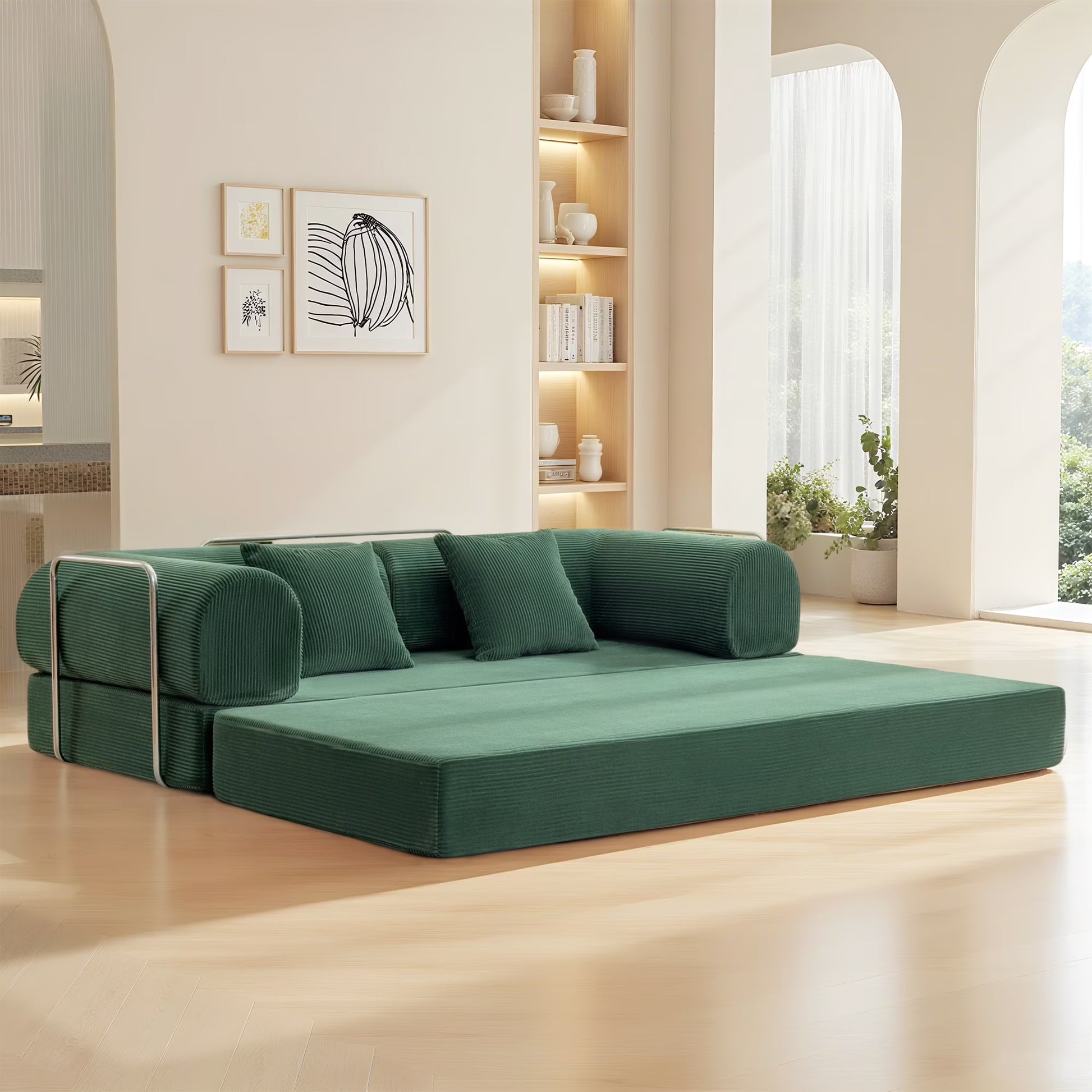78.7" W Combination Sofa, High Rebound Density Sponge Sofa Couch, Two Forms Floor Couch Three Seats Sofa Bed for Living Room, Bedroom, Green