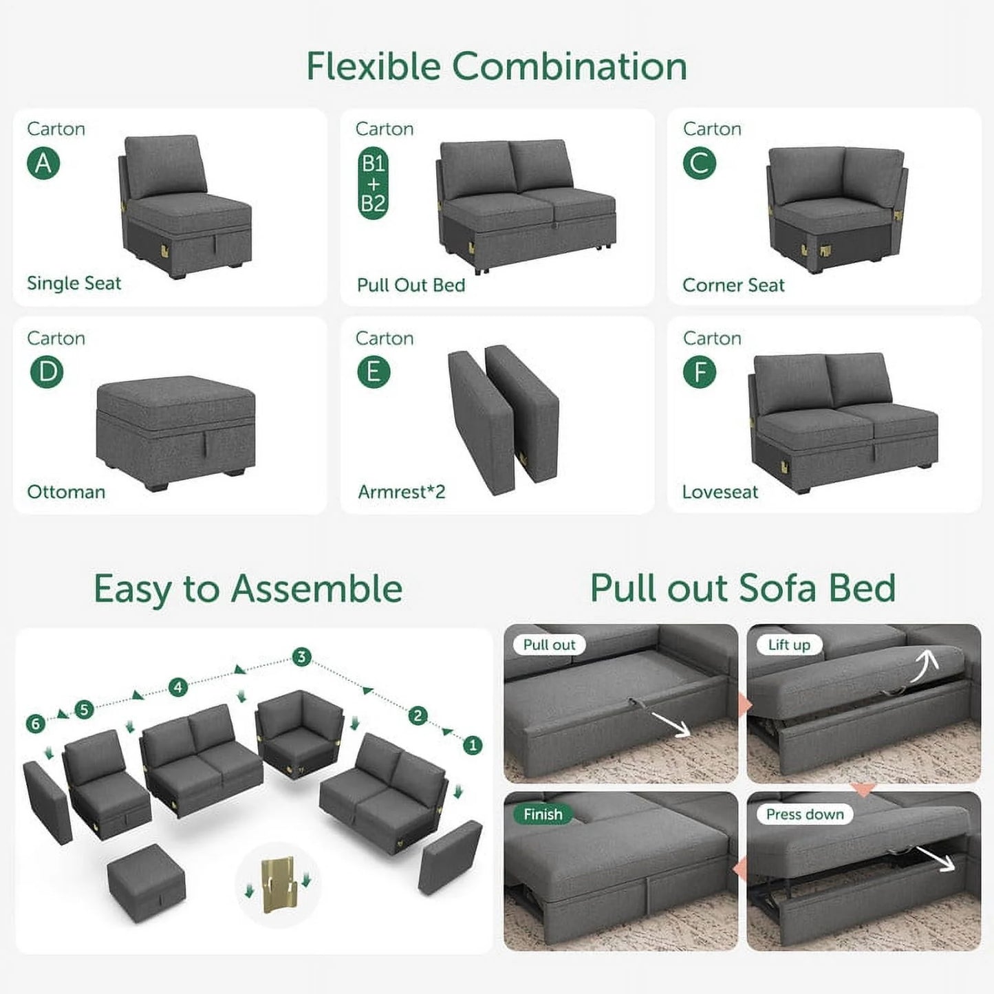 Velvet Pull-Out Modular Sectional Sleeper Sofa Bed with Storage for Living Room, Gray