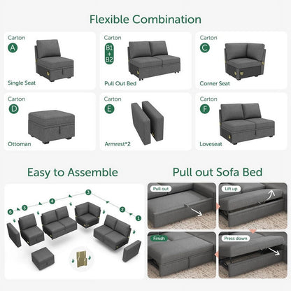 Velvet Pull-Out Modular Sectional Sleeper Sofa Bed with Storage for Living Room, Gray