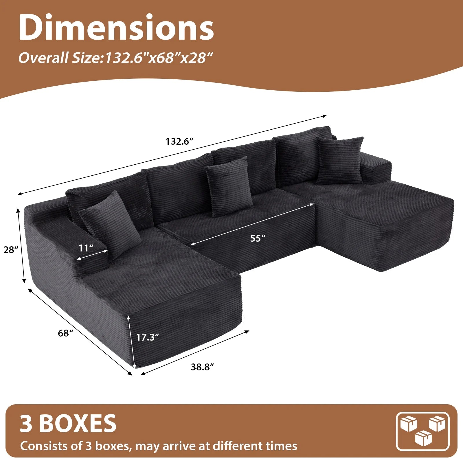 Indoor Modular Sectional Sofa, 132'' Corduroy Cloud Couch with Double Chaise, U Shaped Sofas with Deep Seat, Comfy Fluffy Plush Couches, No Assembly Required, Black