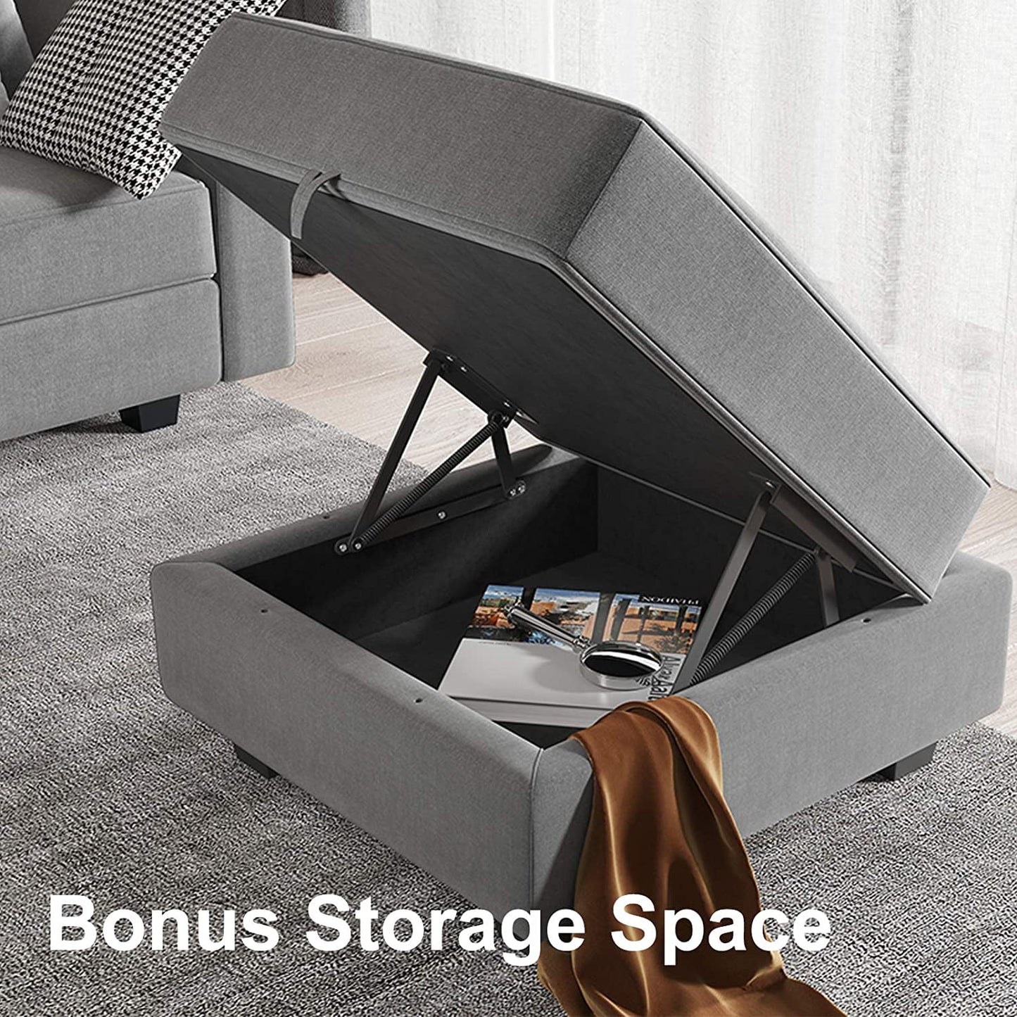 Large U-Shaped Modular Sectional Sofa with Storage Ottoman Convertible Living Room Furniture Set, Polyester Fabric, Solid Wood Frame, Gray