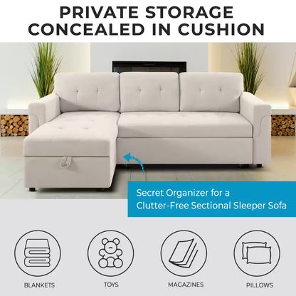 84.64 In. W Stylish Reversible Velvet Sleeper Sectional Sofa Storage Chaise Pull-Out Convertible Sofa in Cream