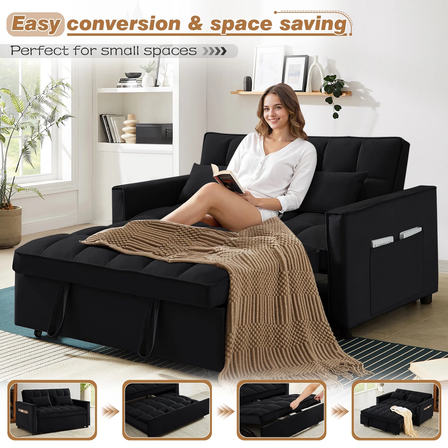 4-In-1 Convertible Futon Sofa Bed, Pull Out Couch Beds Loveseat Sleeper, Black Velvet