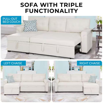 84.64 In. W Stylish Reversible Velvet Sleeper Sectional Sofa Storage Chaise Pull-Out Convertible Sofa in Cream