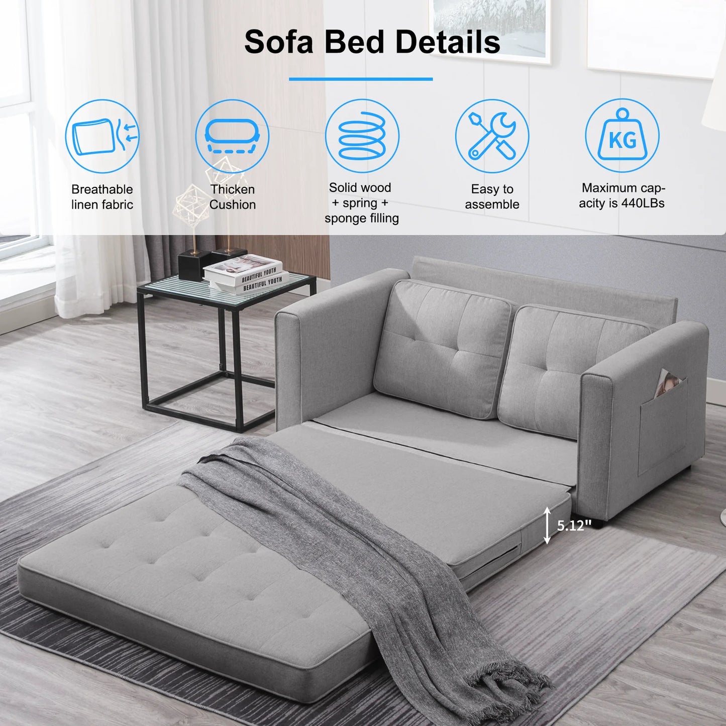 Loveseat Sleeper Sofa, 55.5"*84.5" Convertible Futon Sofa Bed with Pull Out Couch, Folding Couch Bed,Linen, Light Grey