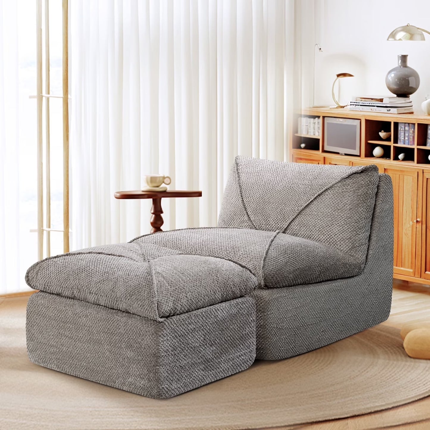 35.4"W Accent Chair, Upholstered Beanbag Sofa Chair, Modern Single Chair Accent Chair for Living Room Bedroom with Ottoman, Stone Gray