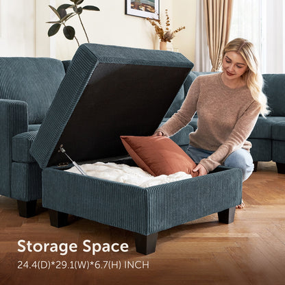 U-Shaped Modular Sectional Sofa Set, Convertible Sleeper with Storage Ottoman and Washable Covers for Family Living Room, Blue