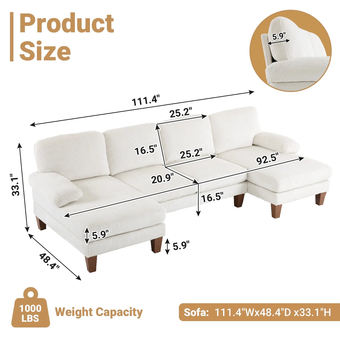 U-Shaped Sectional Sofa, 111" Corduroy Couch, 4 Seat Lounge Sleeper with Double Chaise for Living Room off White